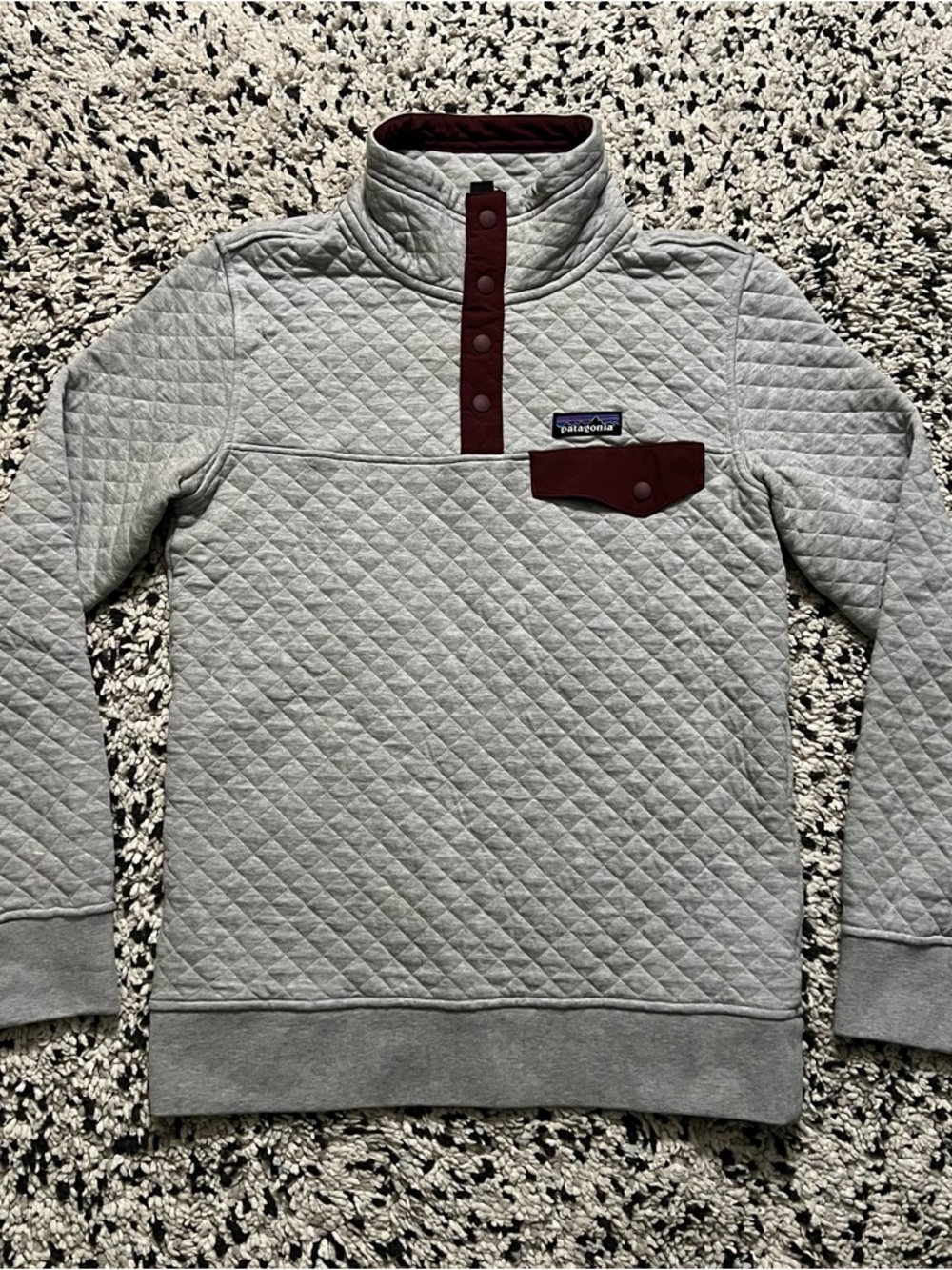 Patagonia Organic Cotton Quilt Snap-T Pullover Sweater Grey Burgundy Women’s XS - Picture 2 of 16